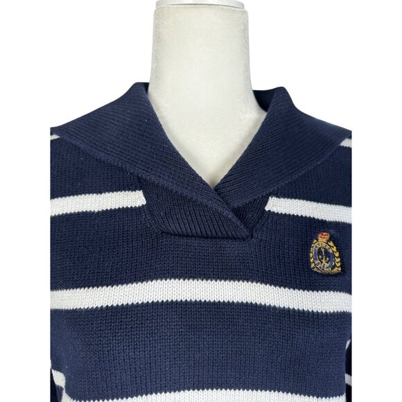 Lauren Ralph Lauren Navy White Striped Knit Sweater Small Petite Crest Preppy - Picture 6 of 9